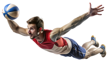 Athletic man in mid-air catching a basketball with outstretched arms player athlete