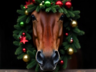 A close-up photograph features the muzzle of a brown horse adorned with a festive Christmas wreath, creating a charming holiday portrait.