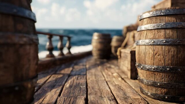 Close-up view of rustic barrels and crates on a weathered wooden ship deck, realistic style, ocean background, concept of maritime transport