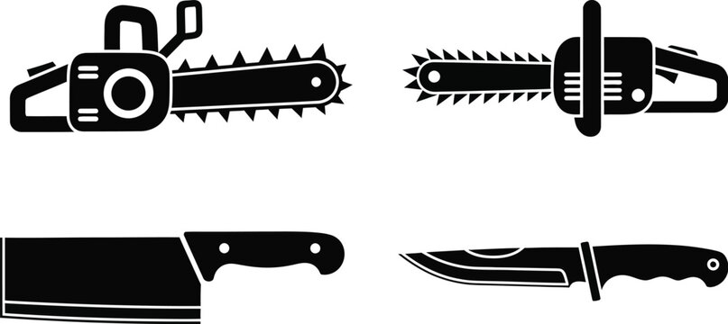 Chainsaw knife butcher knife sharp blade cutting tool vector icon set