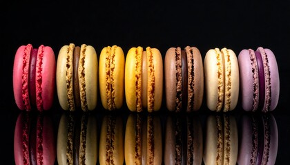 Colorful macarons on black background
