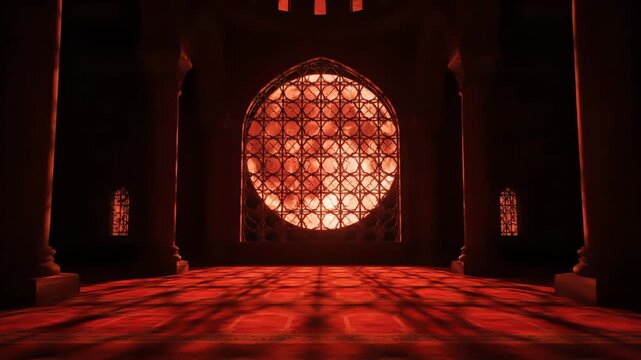 A large red moon shines through an ornate circular window in a dark, gothic hall. The red light illuminates the floor and pillars, creating a dramatic and mysterious atmosphere.