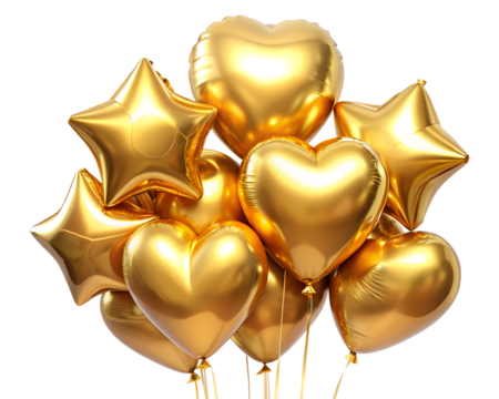 A cluster of shiny gold star and heartshaped balloons, isolated on a transparent background