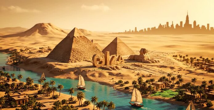 Cinematic animation of Giza Pyramids and Sphinx rising from an ancient papyrus map by the Nile River, transforming into a hyperrealistic scene blending Egypt&rsquo;s ancient monuments with a modern skyline.