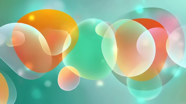 Abstract design featuring overlapping translucent shapes and gradients against a teal-green background