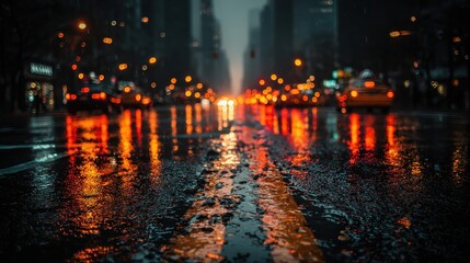 Obraz premium Vivid city night scene with glowing streetlights, reflections on wet pavement, urban skyscrapers, vibrant nightlife, and modern metropolitan illumination