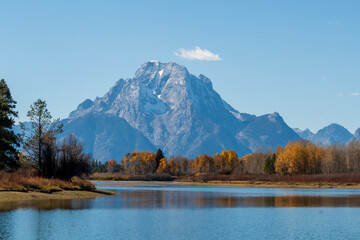 Mount Moran and the Skillet Glacier over the Snake River at Oxbow Bend in Grand Teton National Park...