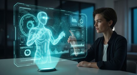 Futuristic interaction concept with holograms and virtual assistants interface