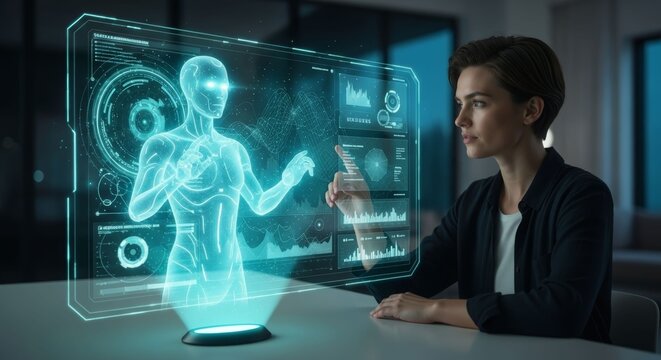 Futuristic interaction concept with holograms and virtual assistants interface - Powered by Adobe