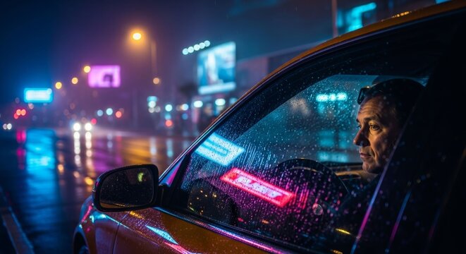 Urban night drive in the rain, with city lights reflecting on the wet road