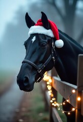 Obraz premium A majestic black horse adorned with a Santa hat stands gracefully by a wooden fence, illuminated by twinkling lights against a serene winter backdrop, evoking a festive holiday atmosphere