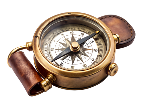 Vintage brass compass with leather handle isolated on transparent background