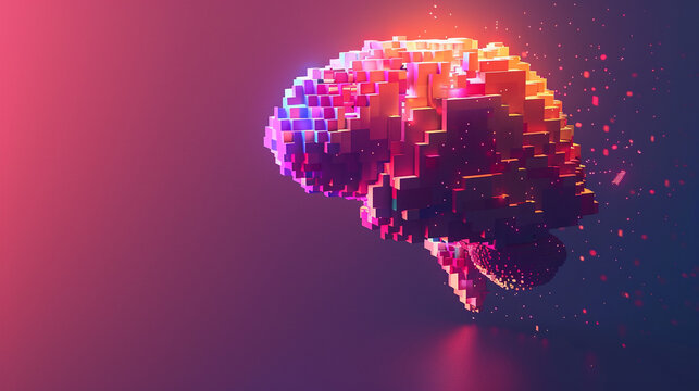 A dazzling pixelated brain, glowing with vibrant neon colors of orange, pink, and purple, slowly disintegrates into sparkling particles against a dark, gradient background, symbolizing artificial inte - Powered by Adobe