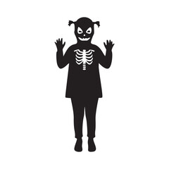 Spooky fun Halloween silhouette of a child in a skeleton costume ready for trick or treating, vector style illustration for festive seasonal designs