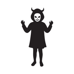 Spooky Halloween delight a child dressed in a devil costume with a skull mask beckons, perfect for holiday-themed designs and playful seasonal promotions