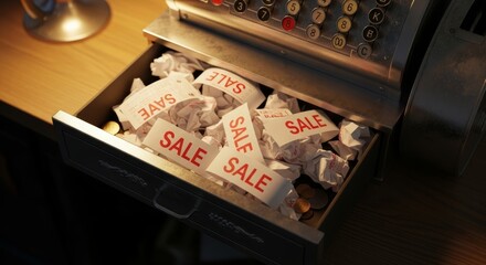 Obraz premium Vintage cash register with overflowing drawer full of sale advertisements