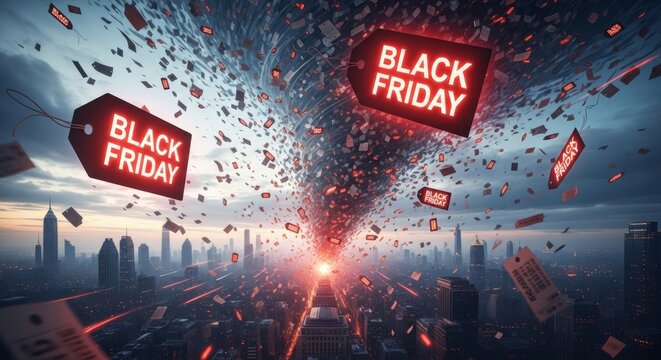 Black Friday promotional concept with cityscape and swirling discount labels