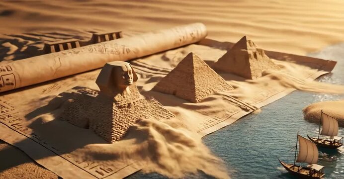 Magical cinematic animation of an ancient papyrus scroll revealing pyramids and Sphinx forming from sand, transforming into a hyperrealistic Nile riverside scene with sailboats and desert landscapes.