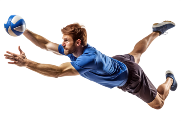 Man in blue shirt diving to catch a volleyball with arms extended player athlete