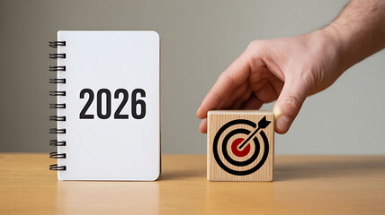 Hand places 2026 year target on wooden block goal objective