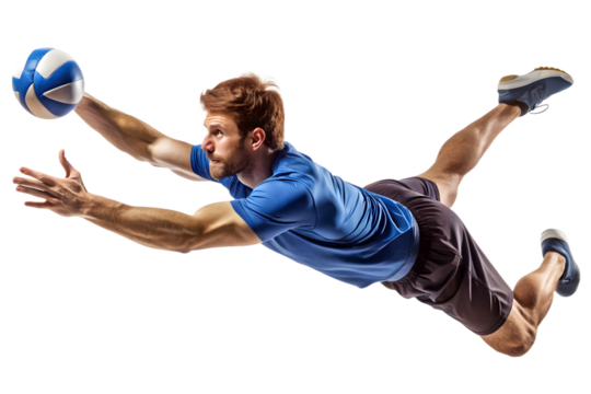 Man in blue shirt diving to catch a volleyball with arms extended player athlete - Powered by Adobe