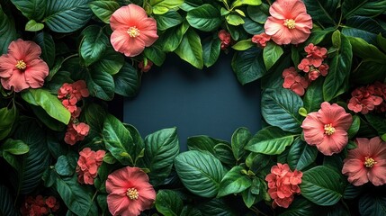 Coral flowers & leaves frame dark background