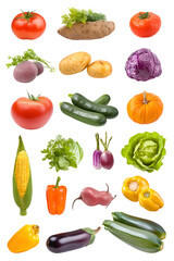 A colorful assortment of fresh vegetables including tomatoes, potatoes, zucchini, peppers, eggplant, lettuce and corn are showcased.