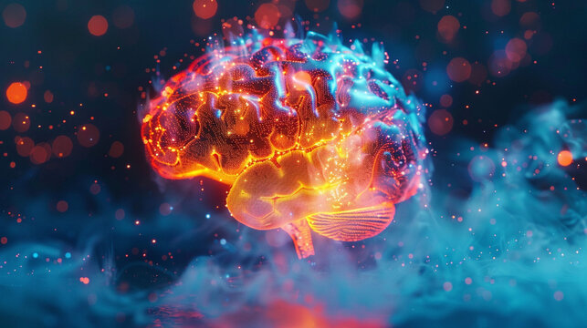 A dazzling pixelated brain, glowing with vibrant neon colors of orange, pink, and purple, slowly disintegrates into sparkling particles against a dark, gradient background, symbolizing artificial inte - Powered by Adobe