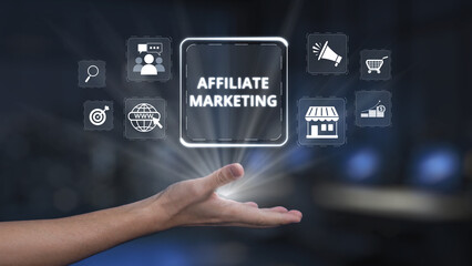 Conceptual image of a hand holding digital icons representing affiliate marketing strategies, showcasing the significance of online promotion for business success. Synapse