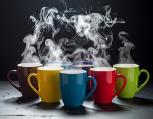 Colorful coffee mugs steaming