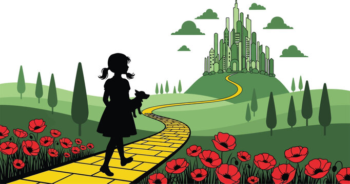 Wizard of oz yellow brick road emerald city poppies girl and dog art