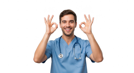 Health Professional: A medical professional, adorned in blue scrubs and a stethoscope, confidently flashes the okay gesture, exuding an air of competence and reassurance. 