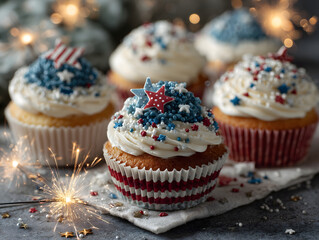 Festive Patriotic Cupcakes with Sparklers and Red, White, and Blue Sprinkles
