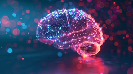 A dazzling pixelated brain, glowing with vibrant neon colors of orange, pink, and purple, slowly disintegrates into sparkling particles against a dark, gradient background, symbolizing artificial inte