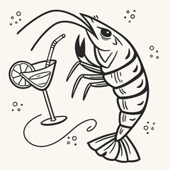 Elegant shrimp cartoon character enjoying a cocktail