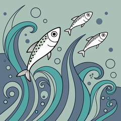 Four cartoon fishes swim in a wavy sea with bubbles and swirls