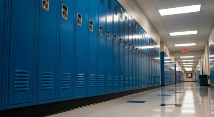 A Long Empty School Hallway Lined With Blue Lockers Stretching Into The Distance