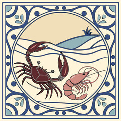 Decorative sea life illustration with crab and shrimp
