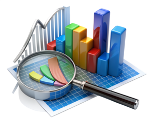 3d illustration of financial data analysis with charts and magnifying glass isolated on transparent background