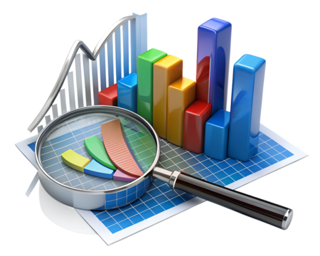 3d illustration of financial data analysis with charts and magnifying glass isolated on transparent background