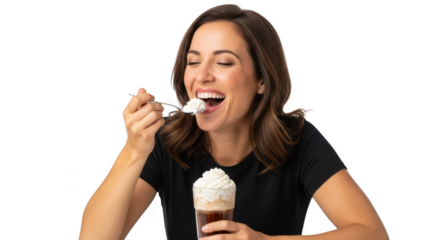 Joyful Sip: A woman savors a delightful beverage, eyes closed in pure bliss, as she indulges in the moment. This image encapsulates the pleasure of enjoying a drink.