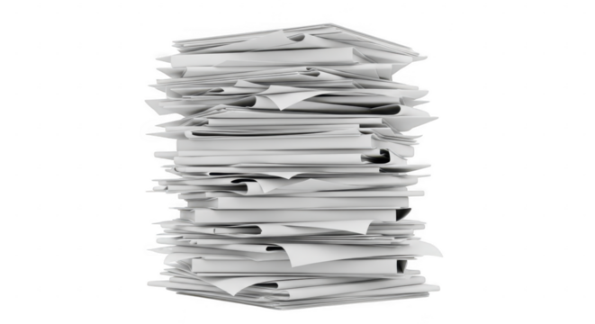 Overwhelming paperwork: A towering stack of papers symbolizes the relentless burden of documentation, paperwork, and administrative tasks.