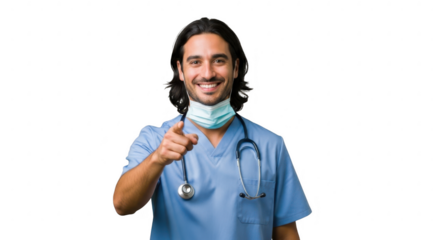 Smiling Healthcare Hero: A dedicated healthcare professional, radiating warmth and expertise, looks directly at the viewer, offering a sense of hope. The medical mask around the neck, stethoscope.