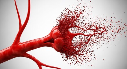 Illustration of a red blood vessel with an aneurysm bursting into small red particles on white