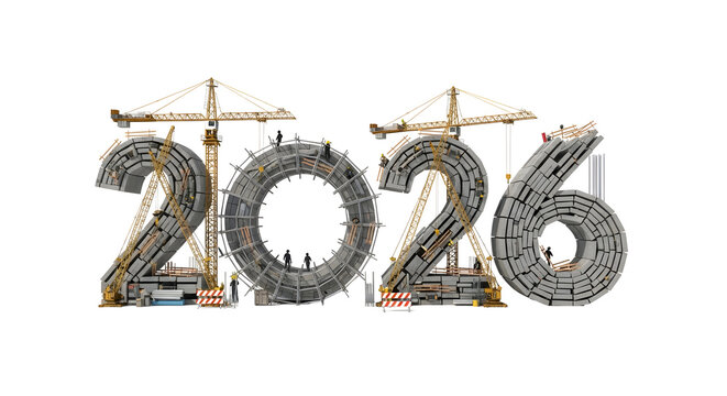 2026 Under Construction Concept with Cranes and Workers Building Numbers
