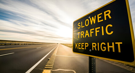 Highway Sign Advising Slower Traffic To Keep Right During A Bright Sunny Day