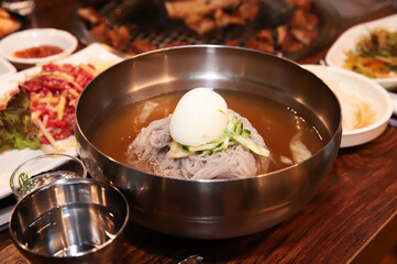 Korean cold noodles in chilled broth
