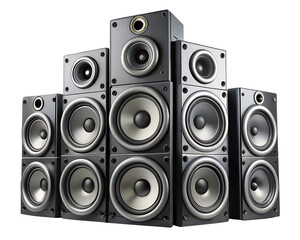 A stack of black audio speaker systems isolated on transparent background