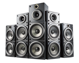 A stack of black audio speaker systems isolated on transparent background