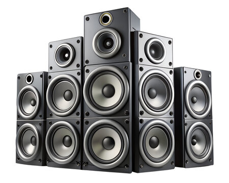 A stack of black audio speaker systems isolated on transparent background